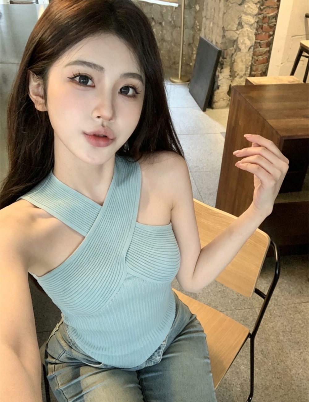 Sling flat shoulder Korean style vest knitted slim tops