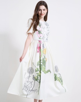With belt big skirt short sleeve flowers elegant dress