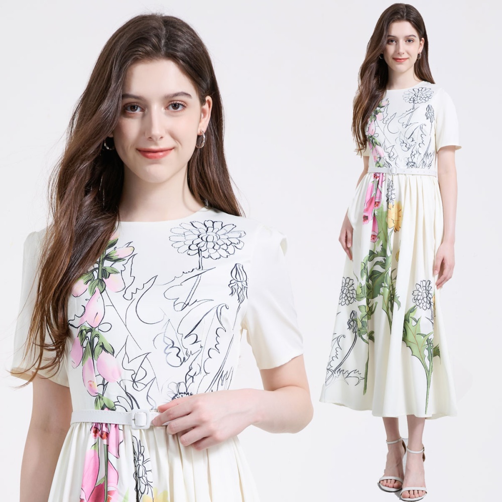 With belt big skirt short sleeve flowers elegant dress