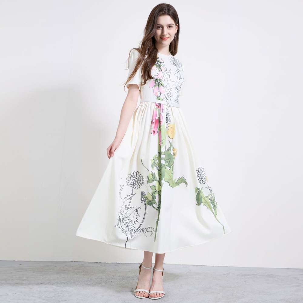 With belt big skirt short sleeve flowers elegant dress