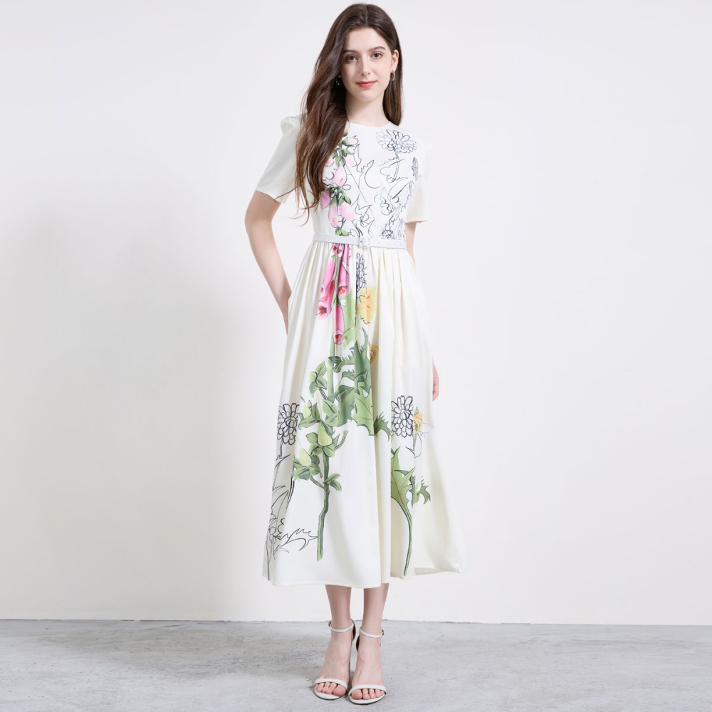 With belt big skirt short sleeve flowers elegant dress