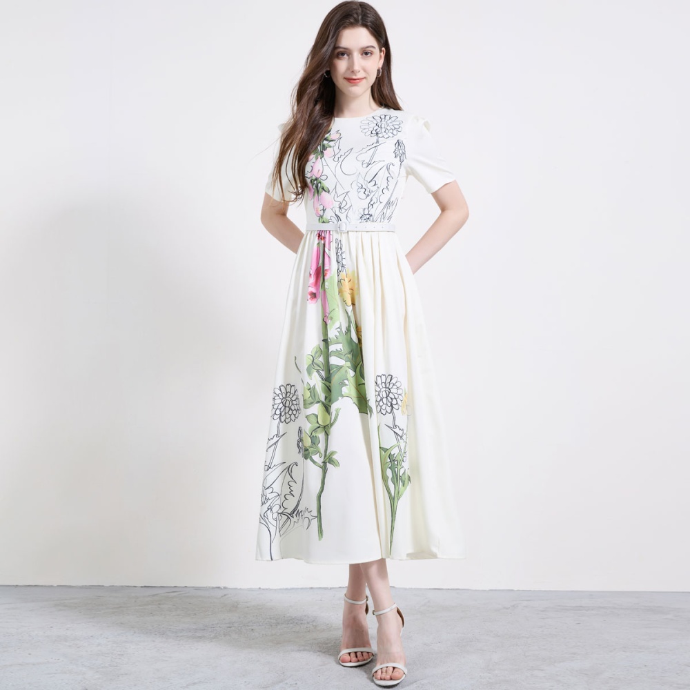 With belt big skirt short sleeve flowers elegant dress