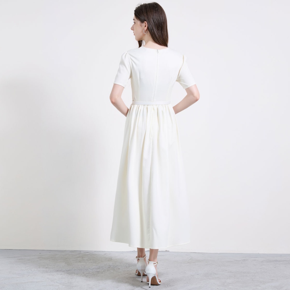 With belt big skirt short sleeve flowers elegant dress