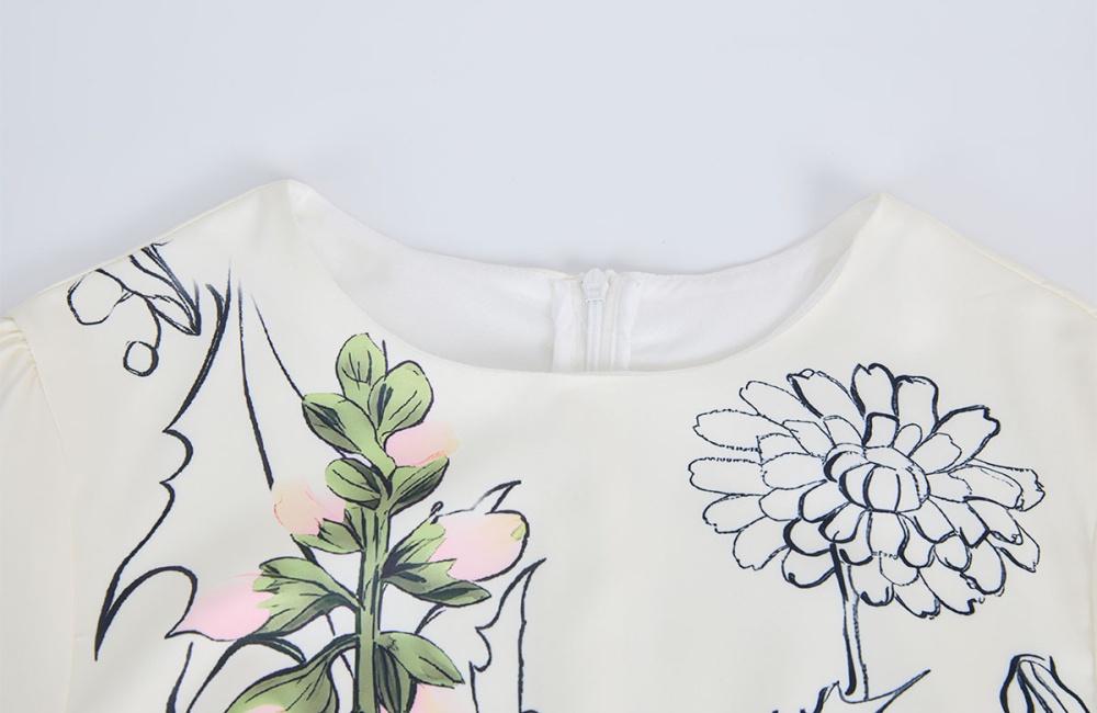 With belt big skirt short sleeve flowers elegant dress