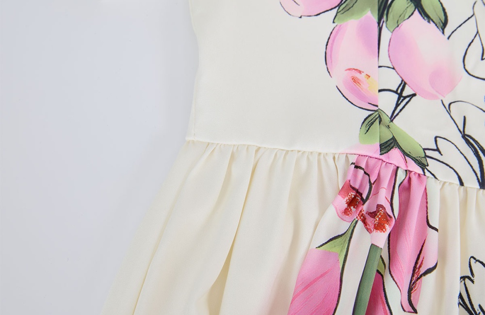 With belt big skirt short sleeve flowers elegant dress