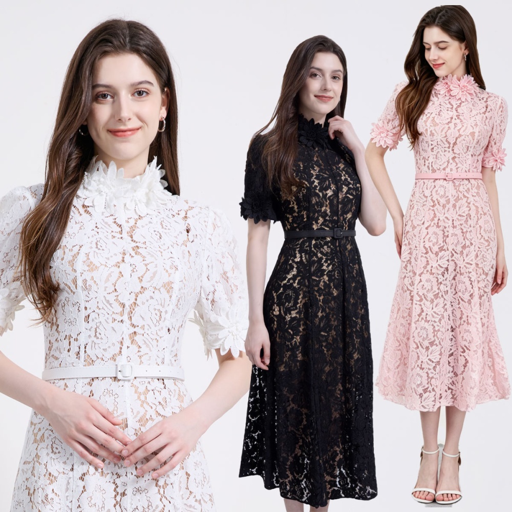 Stereoscopic flowers formal dress elegant cstand collar dress