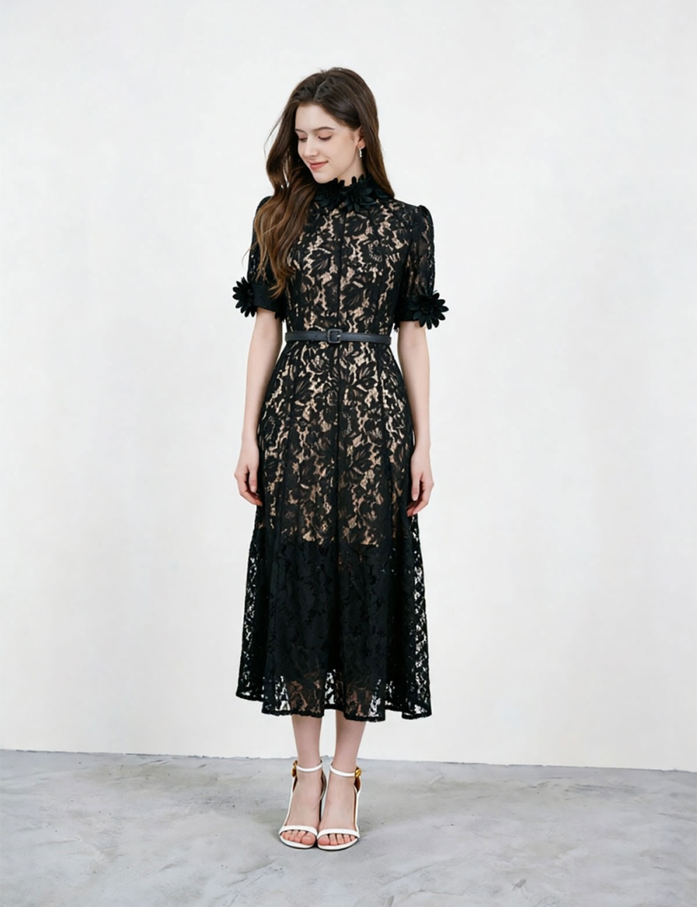 Stereoscopic flowers formal dress elegant cstand collar dress