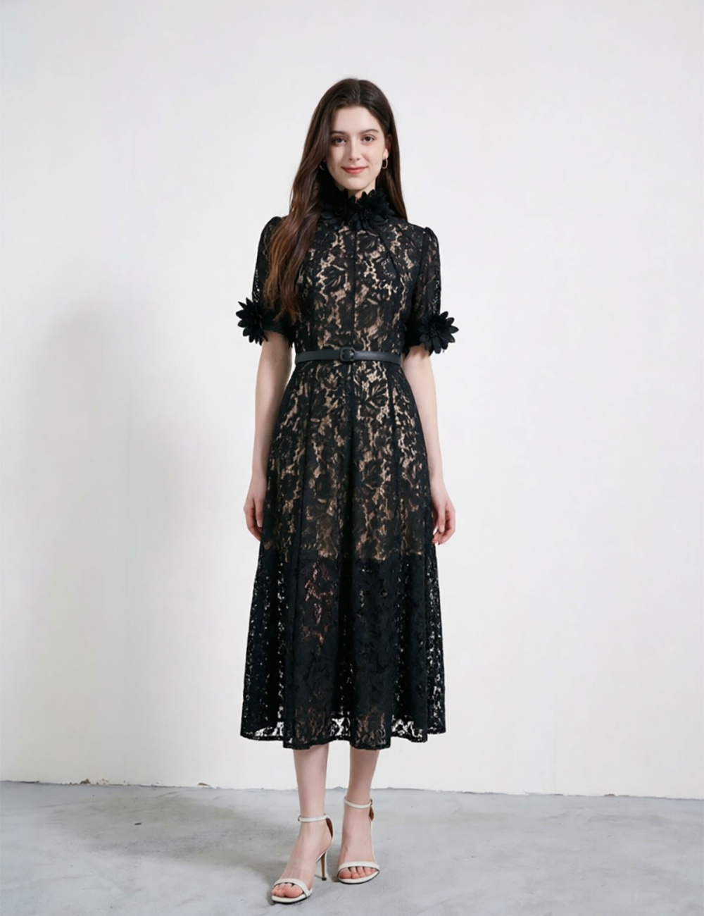 Stereoscopic flowers formal dress elegant cstand collar dress