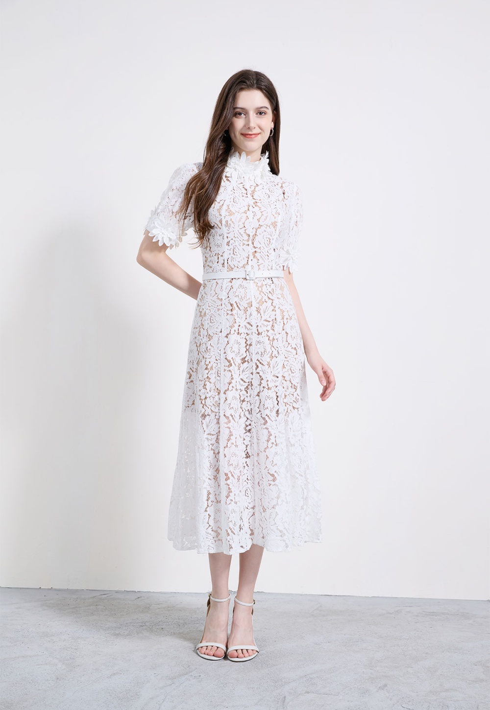 Stereoscopic flowers formal dress elegant cstand collar dress