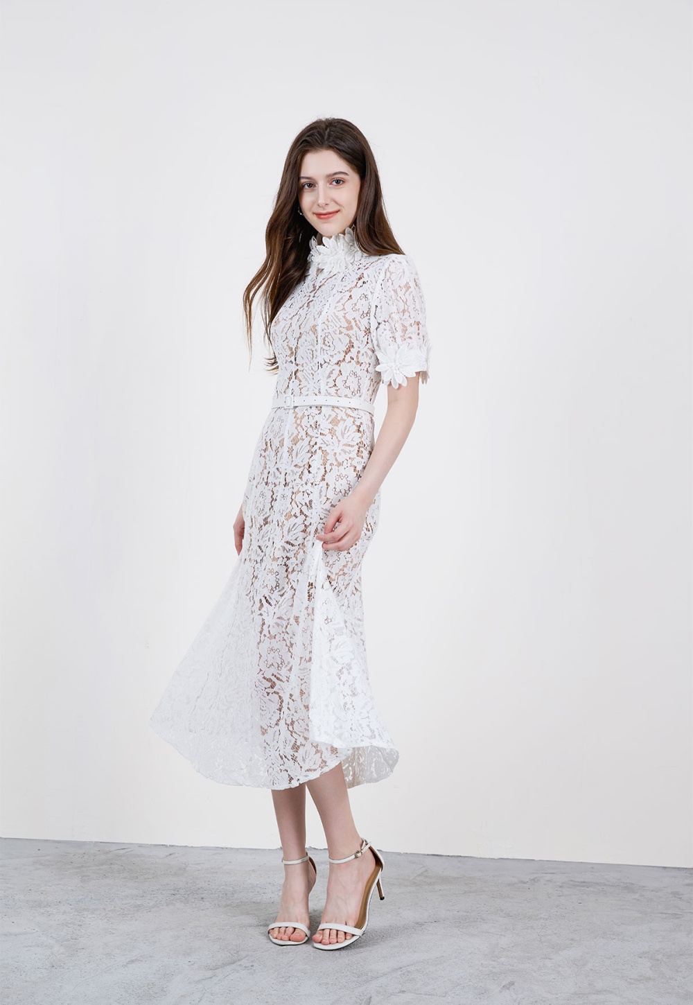 Stereoscopic flowers formal dress elegant cstand collar dress