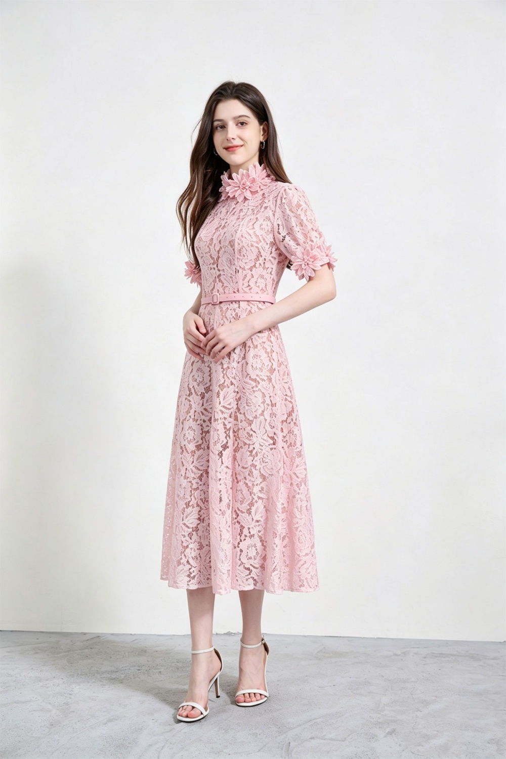 Stereoscopic flowers formal dress elegant cstand collar dress