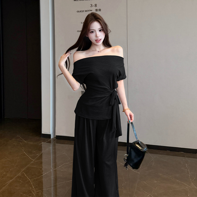 Wide leg summer long pants frenum T-shirt 2pcs set