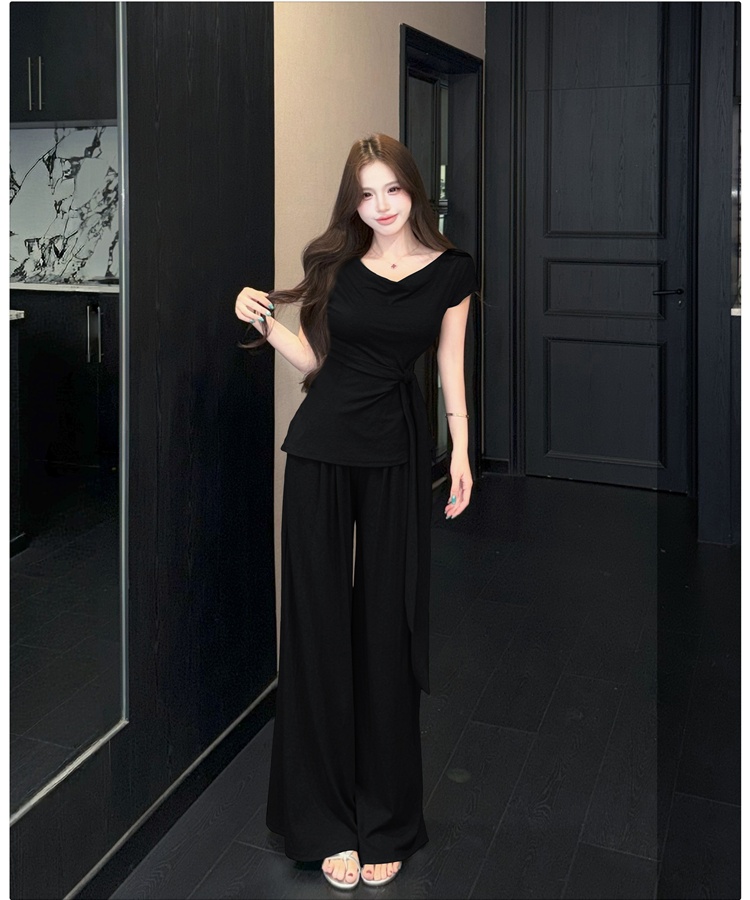 Wide leg summer long pants frenum T-shirt 2pcs set