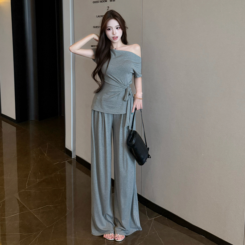 Wide leg summer long pants frenum T-shirt 2pcs set