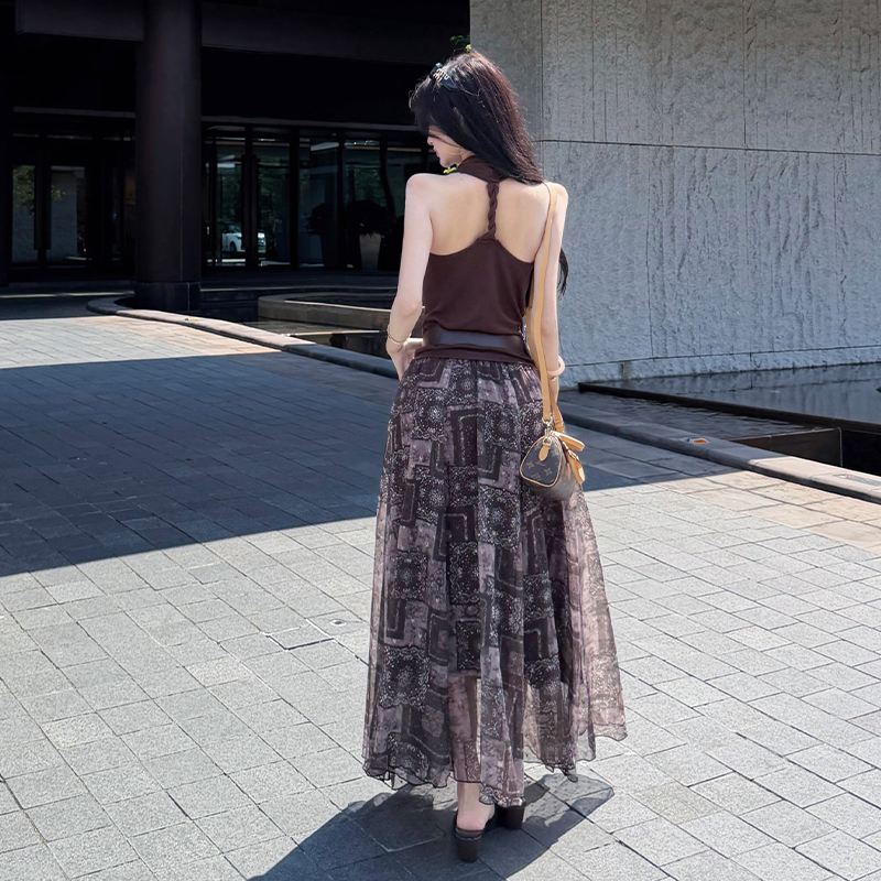 Commuting fashion halter skirt Casual summer tops 2pcs set