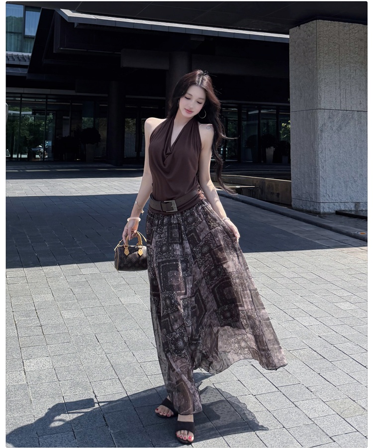 Commuting fashion halter skirt Casual summer tops 2pcs set