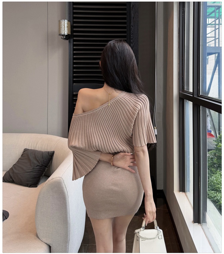 Sexy package hip dress short sleeve knitted T-back for women