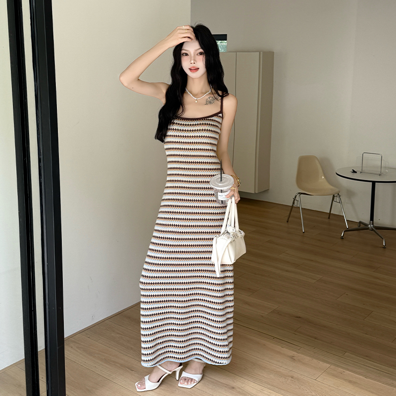 Stripe pinched waist dress summer bottoming vest for women