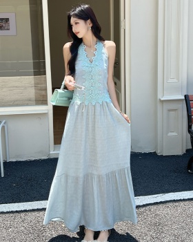 V-neck sleeveless dress pinched waist long dress