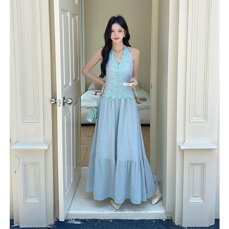 V-neck sleeveless dress pinched waist long dress