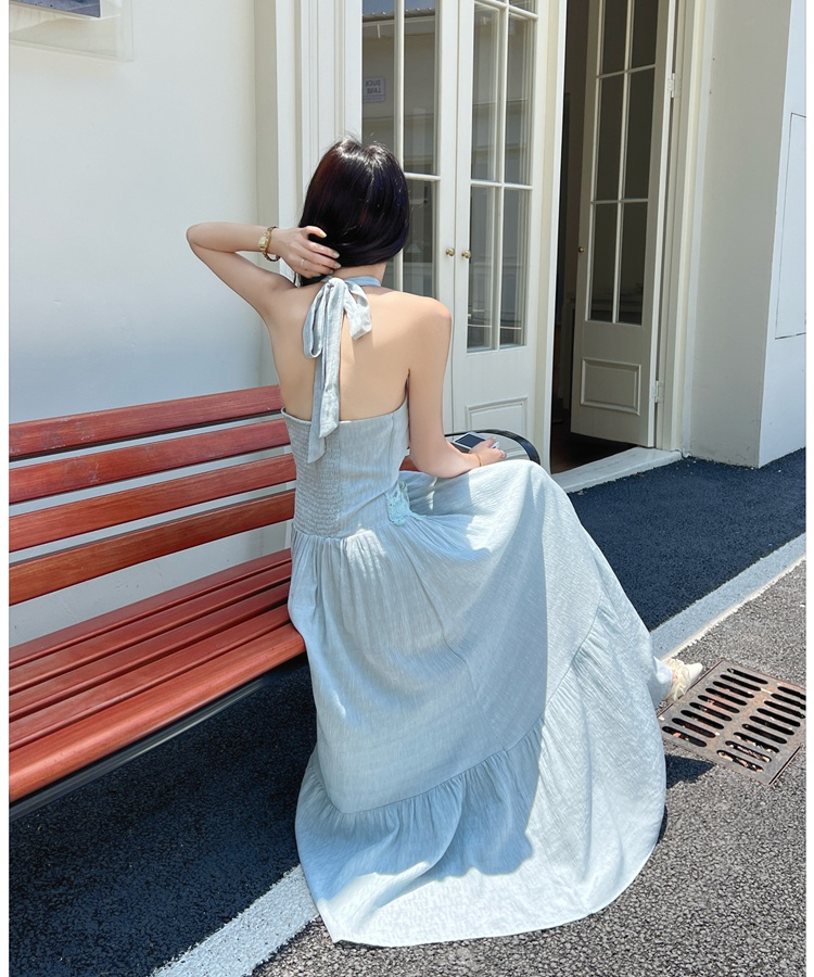 V-neck sleeveless dress pinched waist long dress