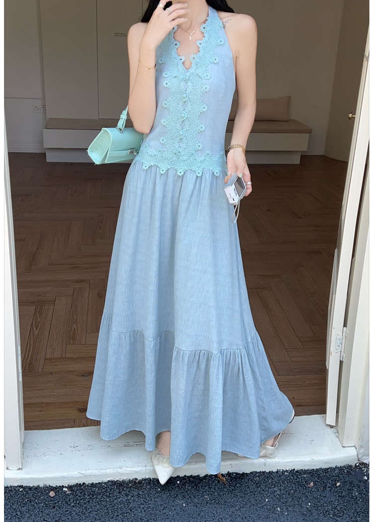 V-neck sleeveless dress pinched waist long dress