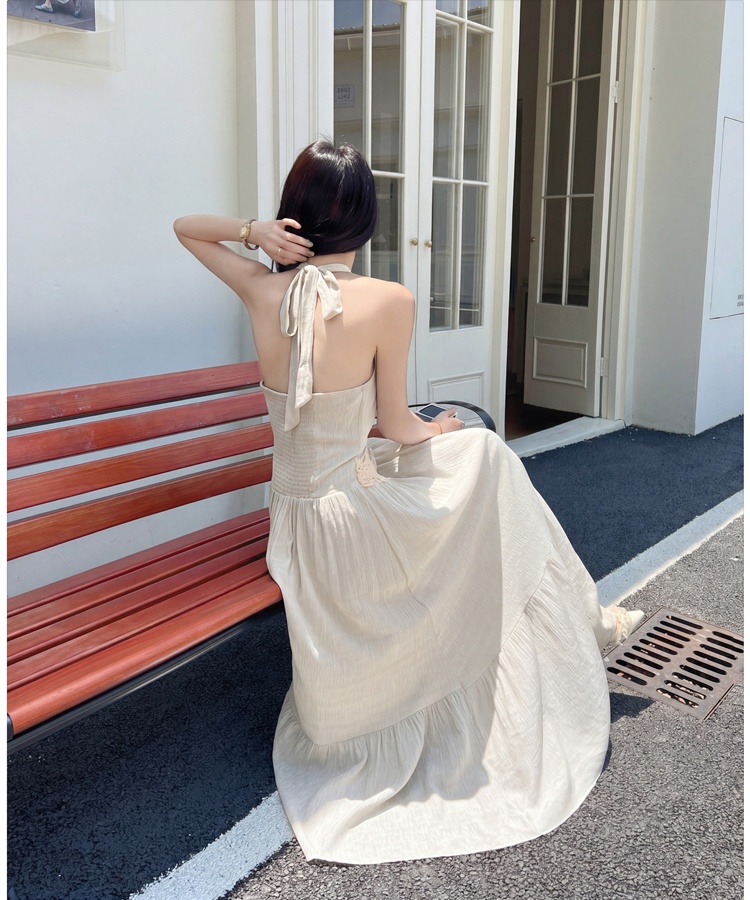 V-neck sleeveless dress pinched waist long dress