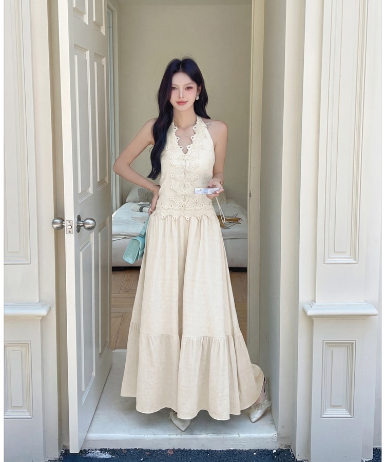 V-neck sleeveless dress pinched waist long dress