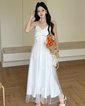 White sling long dress beading flowers dress