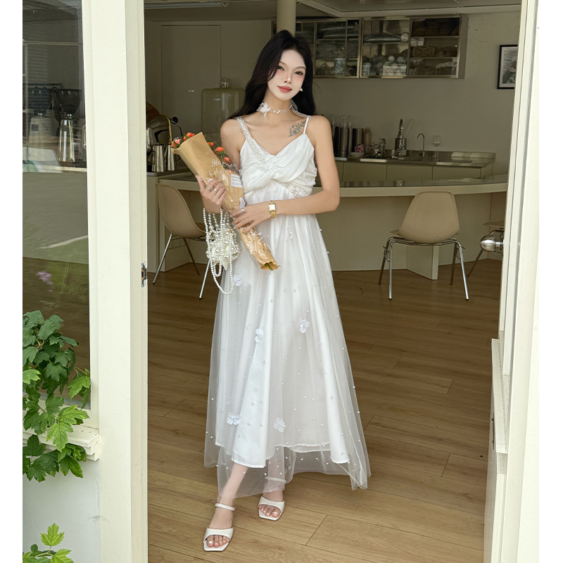 White sling long dress beading flowers dress