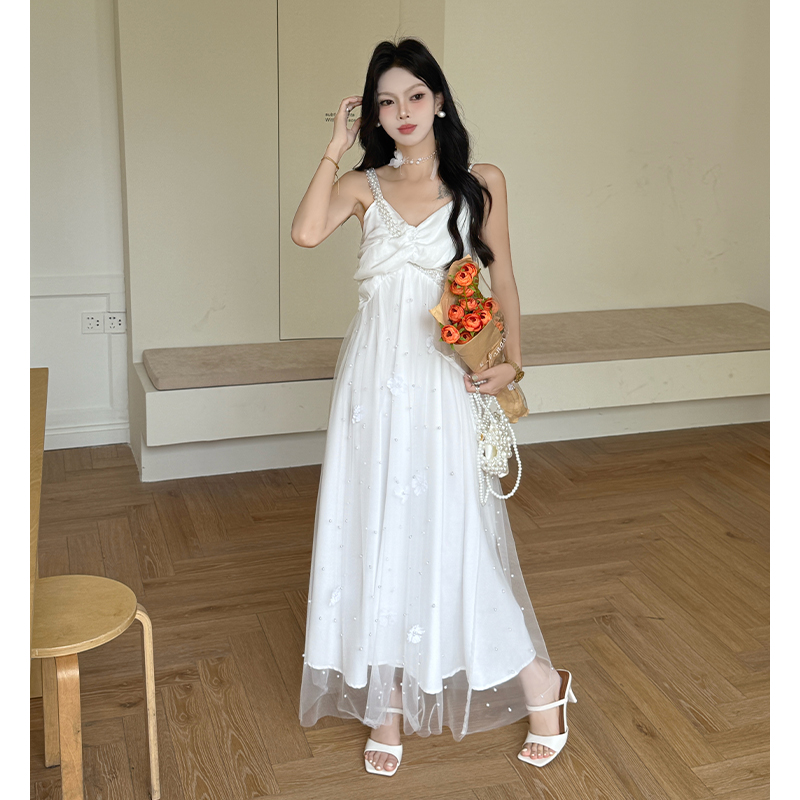 White sling long dress beading flowers dress