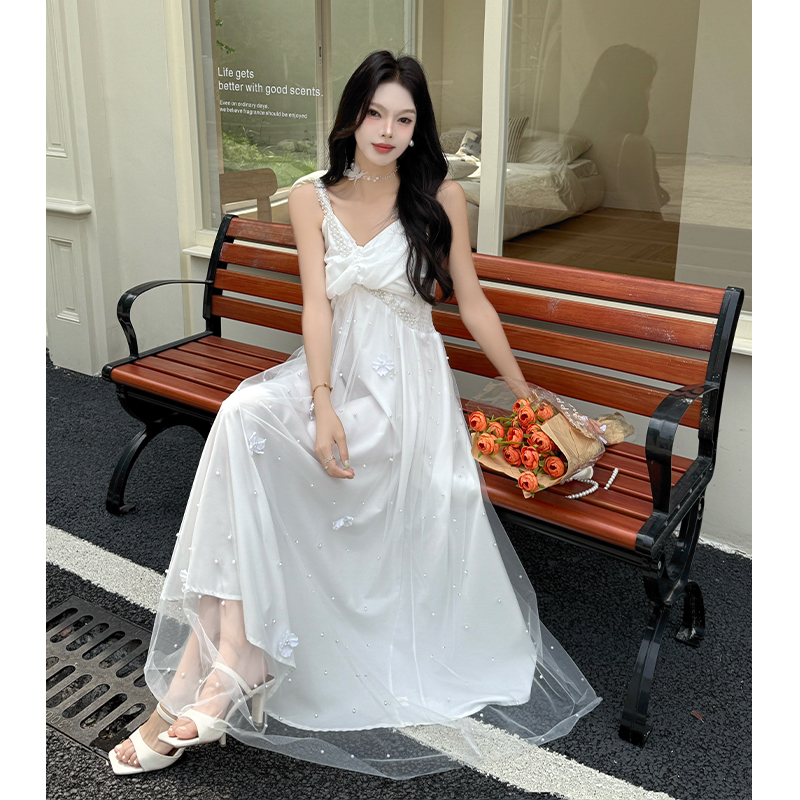 White sling long dress beading flowers dress