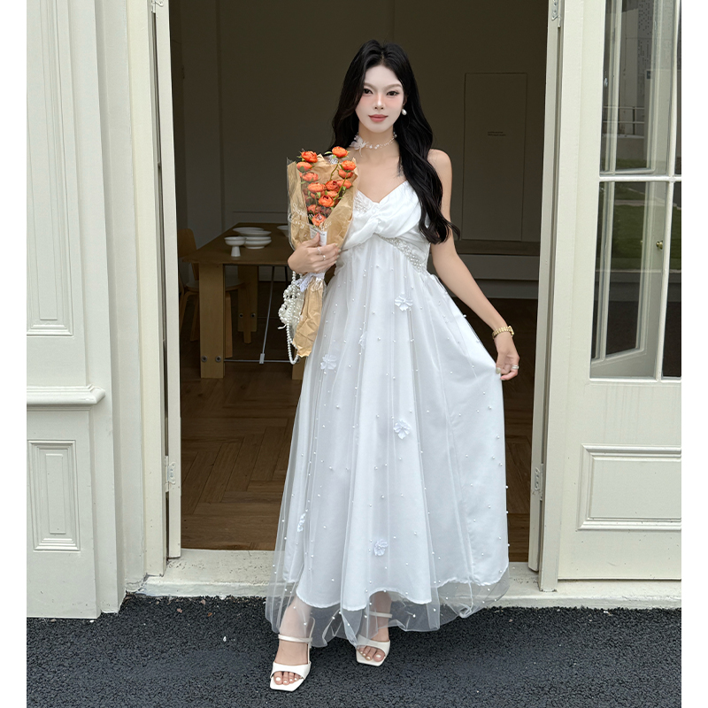 White sling long dress beading flowers dress