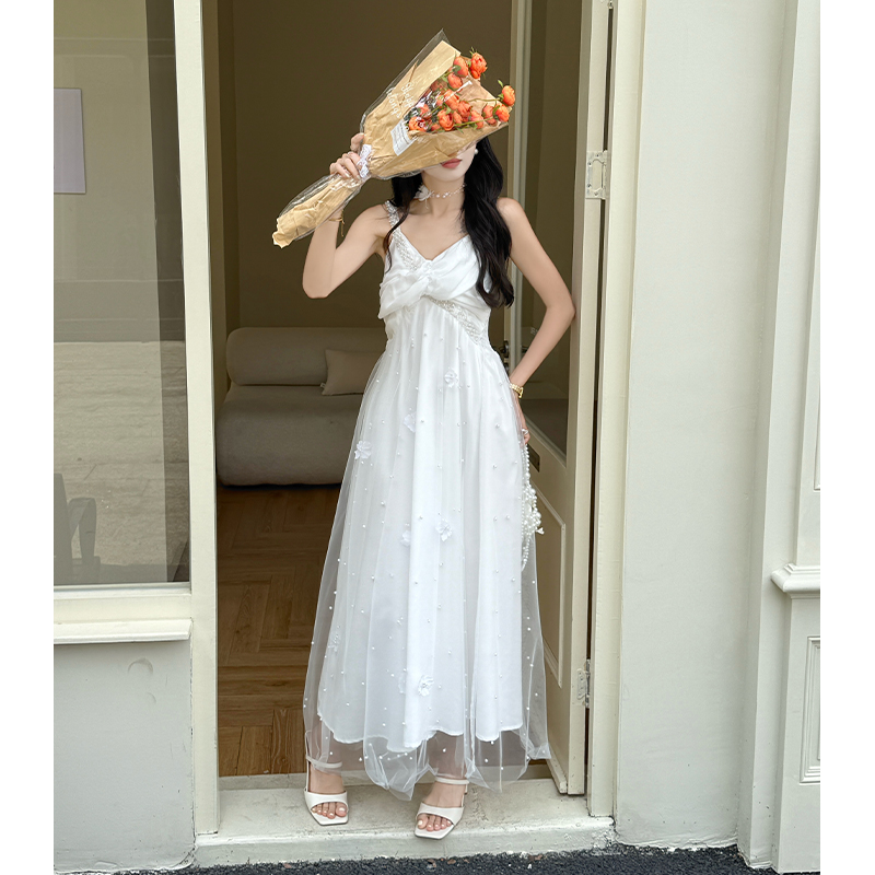 White sling long dress beading flowers dress