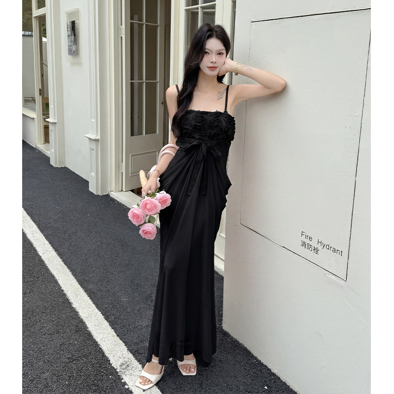 Bow sling sexy dress package hip slim splice long dress