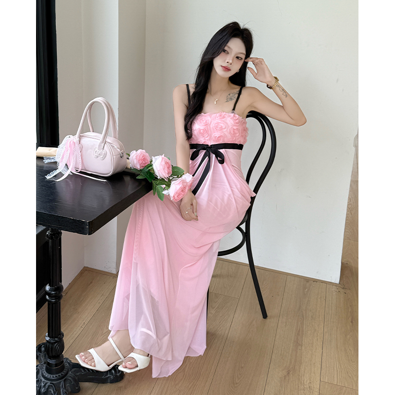 Bow sling sexy dress package hip slim splice long dress