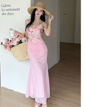 Temperament pink ladies dress retro splice formal dress