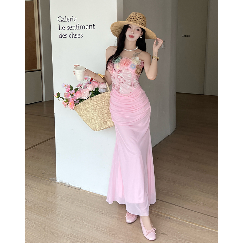 Temperament pink ladies dress retro splice formal dress