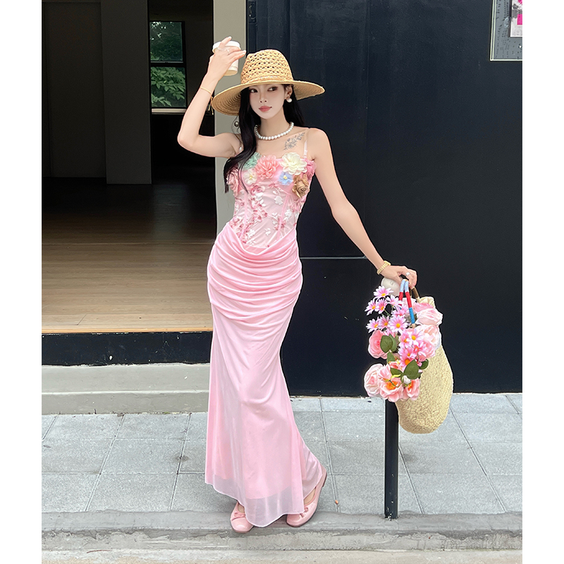 Temperament pink ladies dress retro splice formal dress