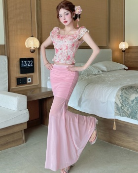 Strapless floral long skirt pink tops a set