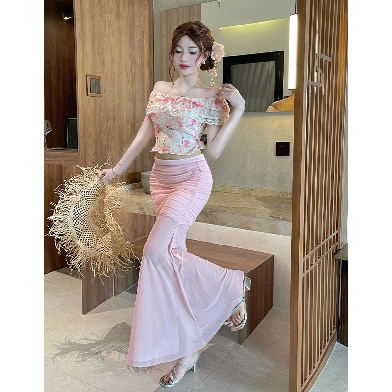 Strapless floral long skirt pink tops a set