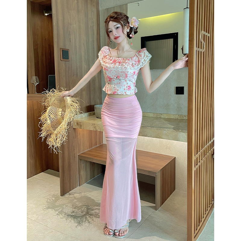 Strapless floral long skirt pink tops a set