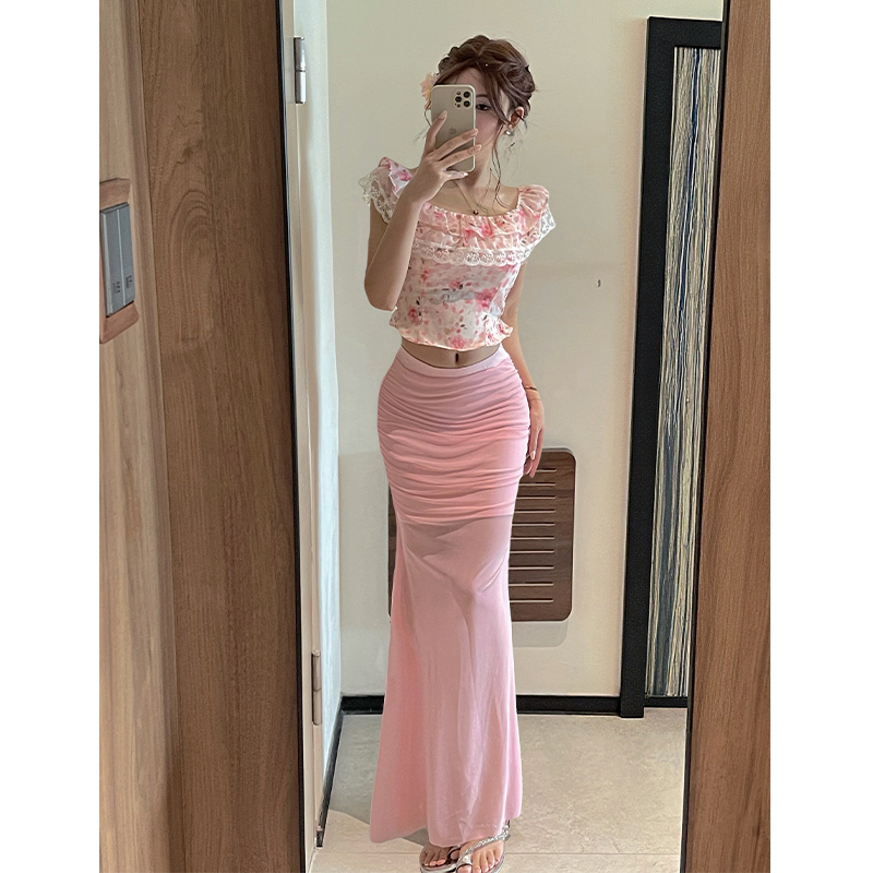 Strapless floral long skirt pink tops a set