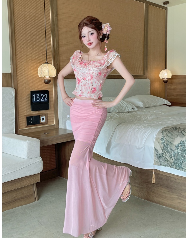 Strapless floral long skirt pink tops a set