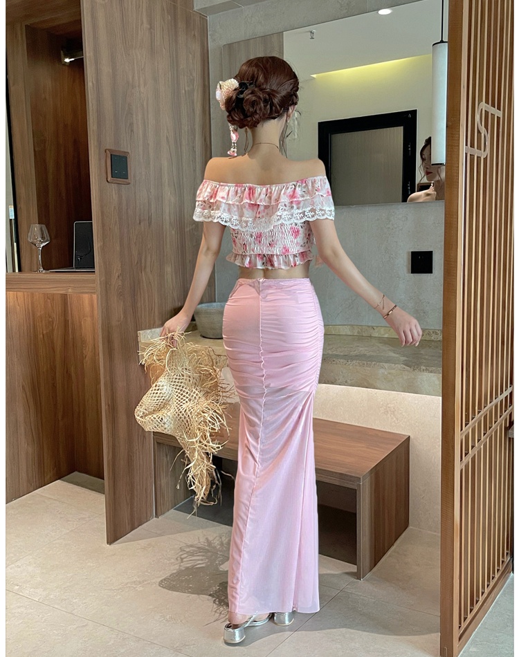 Strapless floral long skirt pink tops a set