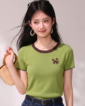 Pony summer round neck college style slim small shirt