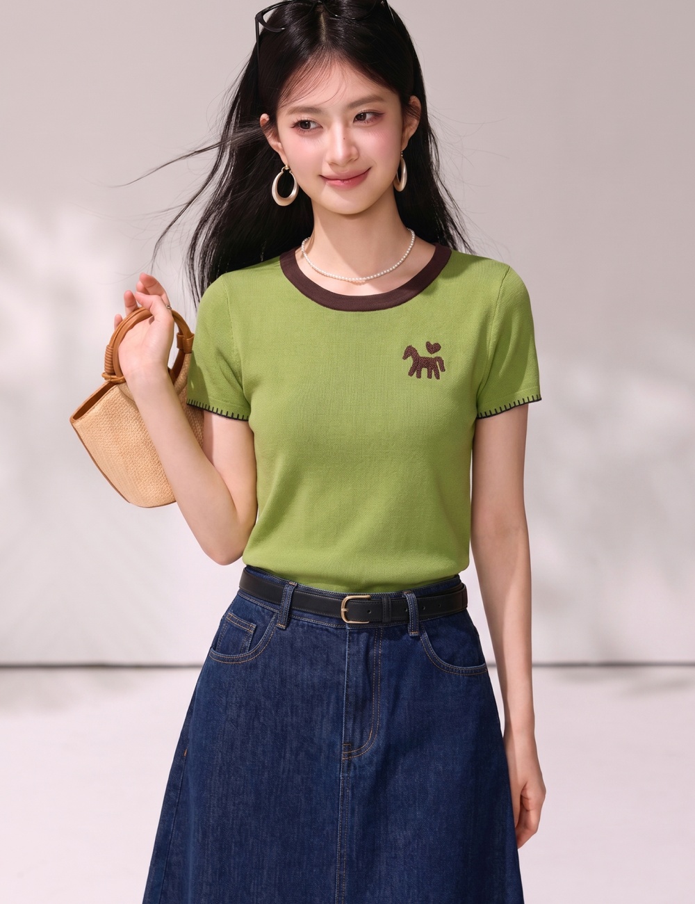 Pony summer round neck college style slim small shirt