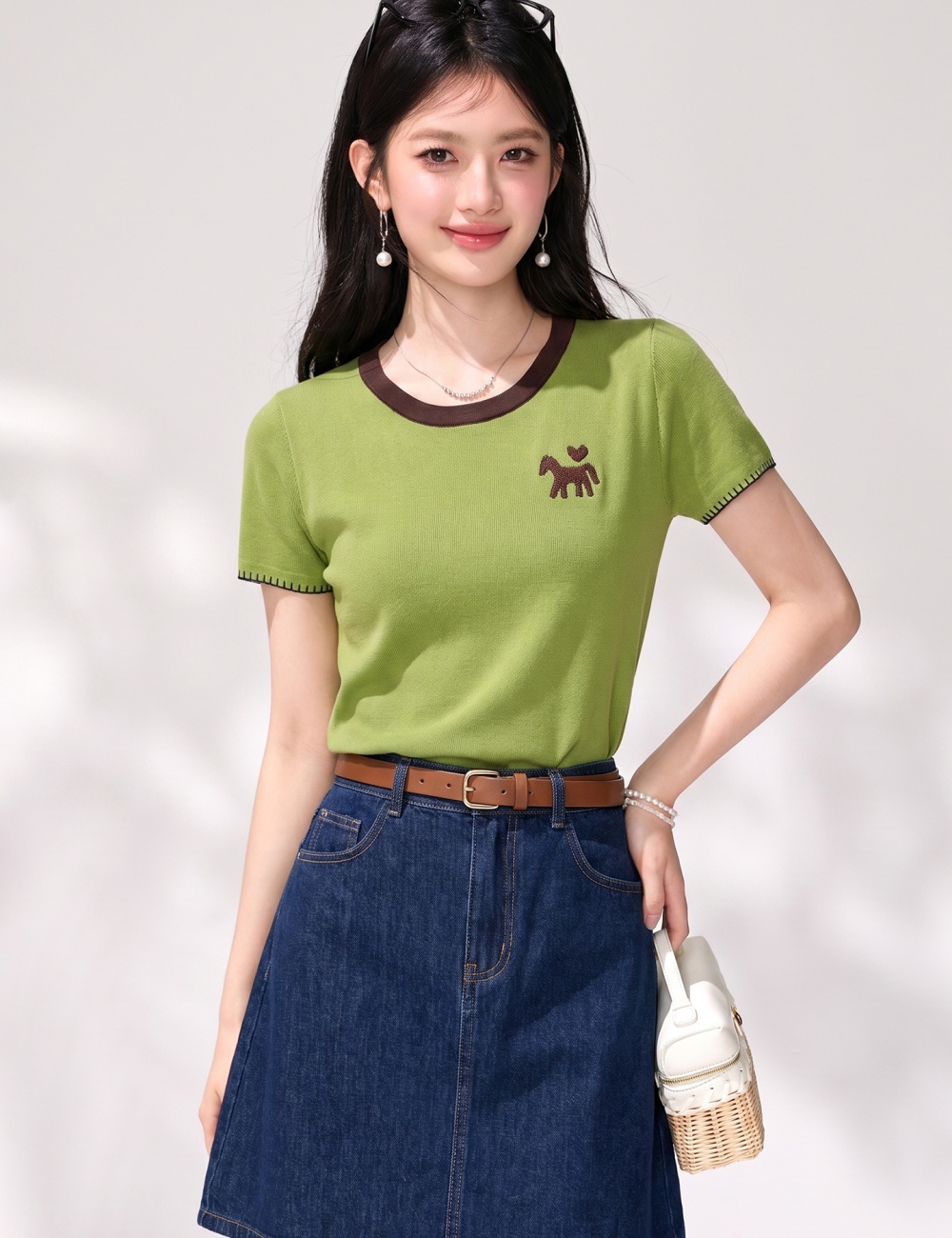 Pony summer round neck college style slim small shirt
