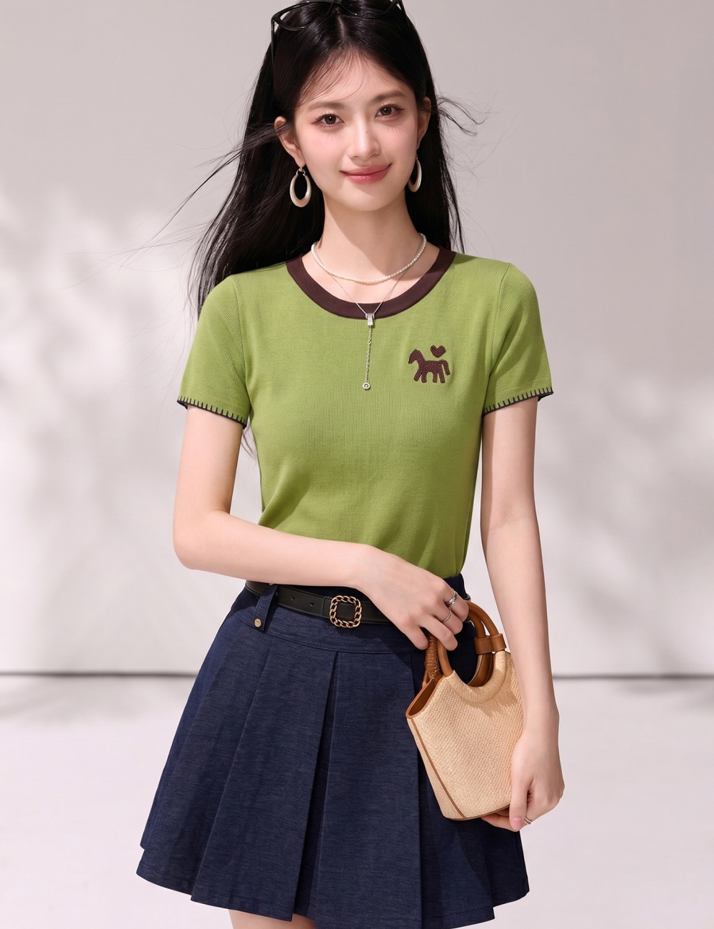 Pony summer round neck college style slim small shirt