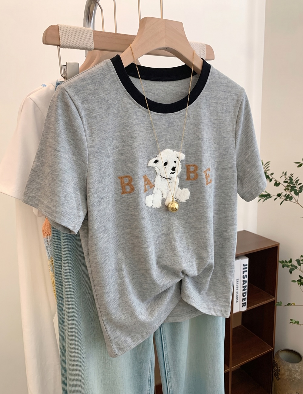 Gray loose tops Korean style slim T-shirt for women